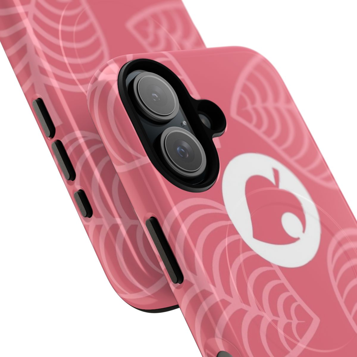 A tough, pink phone case with an Animal Crossing-inspired design. - Detail