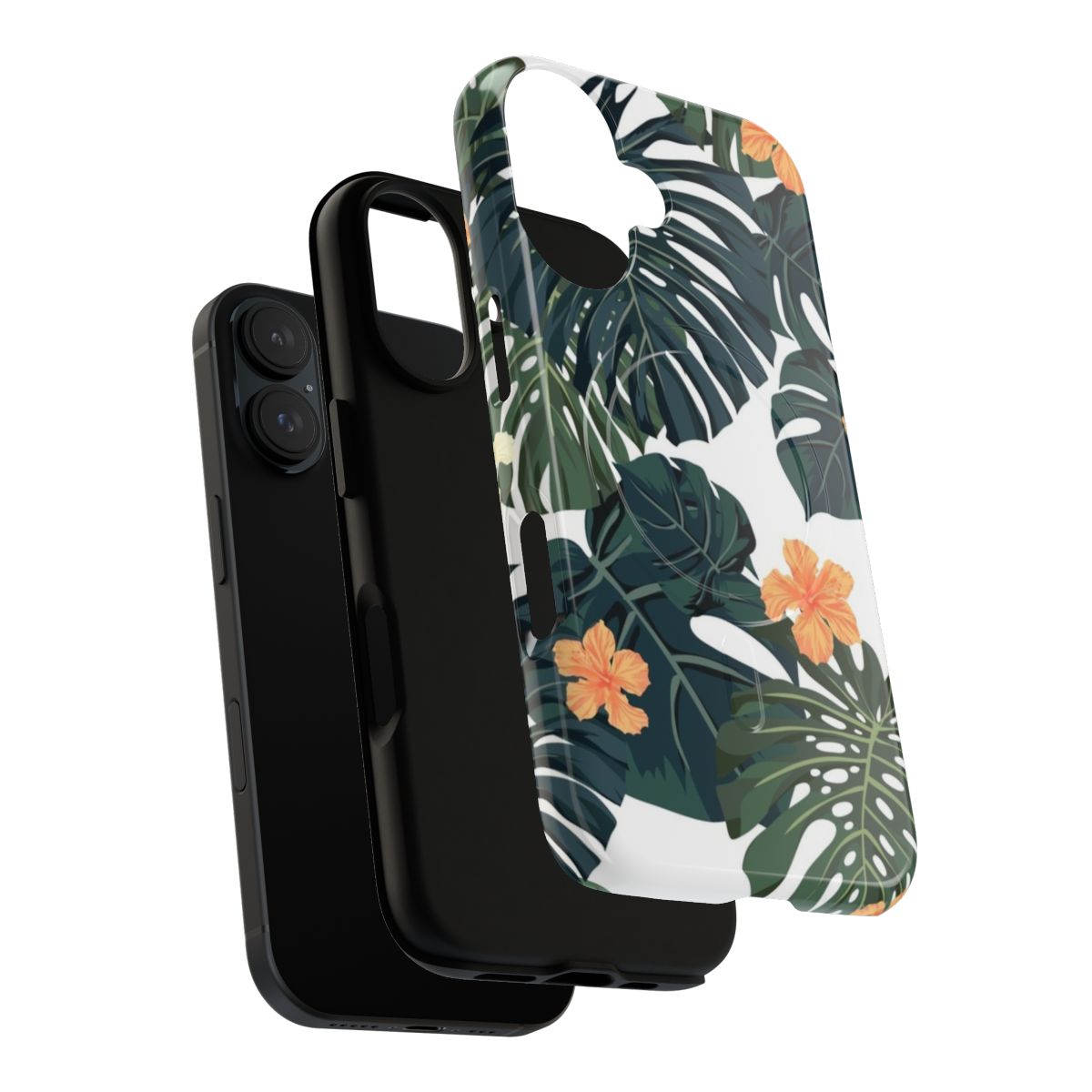 A tropical-inspired phone case featuring a vibrant botanical pattern with lush flowers and foliage. - Layers