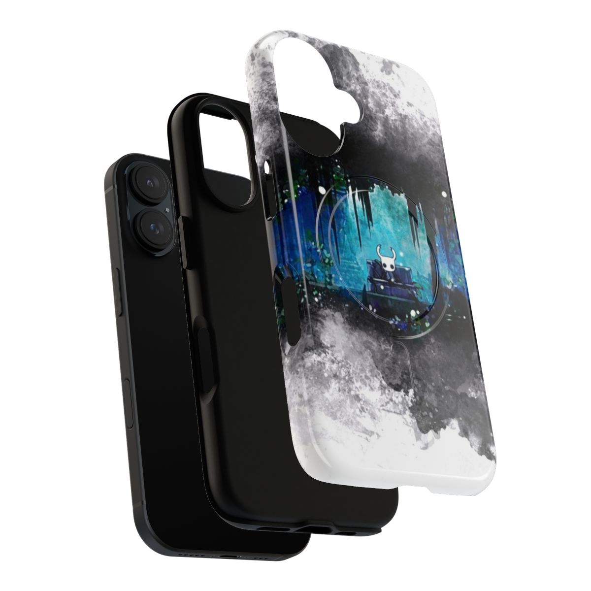 Watercolor-style phone case featuring characters and elements from the indie game Hollow Knight - Layers