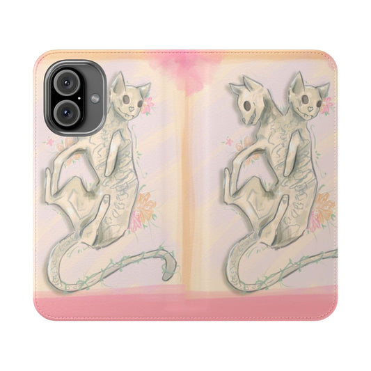 A colorful and spooky phone case featuring a two-headed cat with a pastel floral and skeleton design.