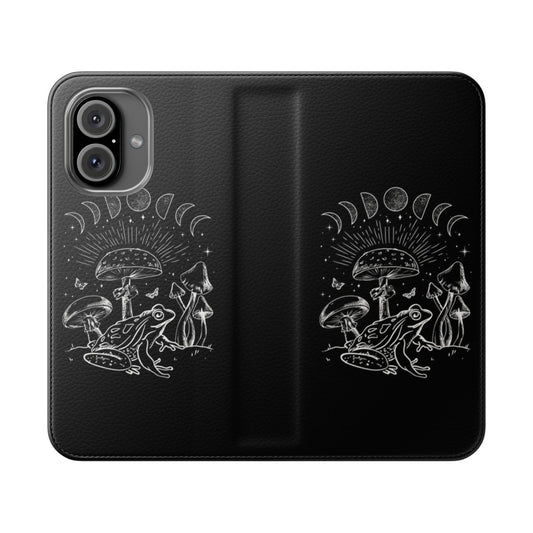 Dark academia cottagecore aesthetic flip cover phone case with a frog and mushroom design in a mystical forest setting.