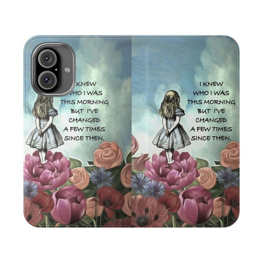 Vintage-style flip cover phone case featuring Alice in Wonderland-inspired design with flowers and quotes.