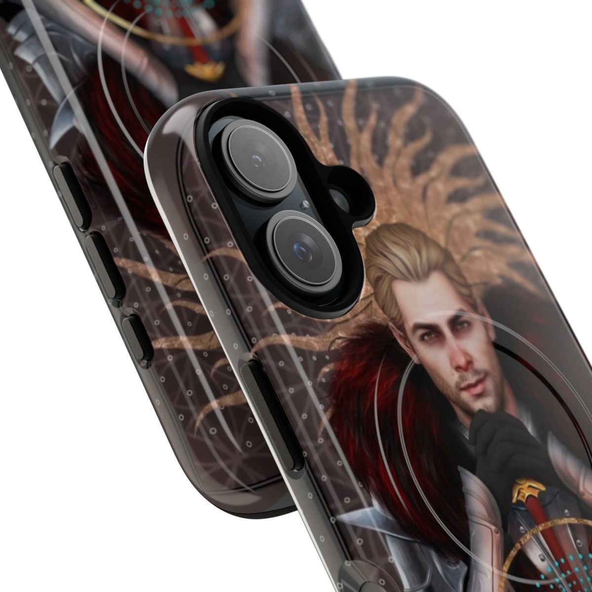 Magnetic fantasy tarot-themed phone case with dragon age and templar imagery - Detail