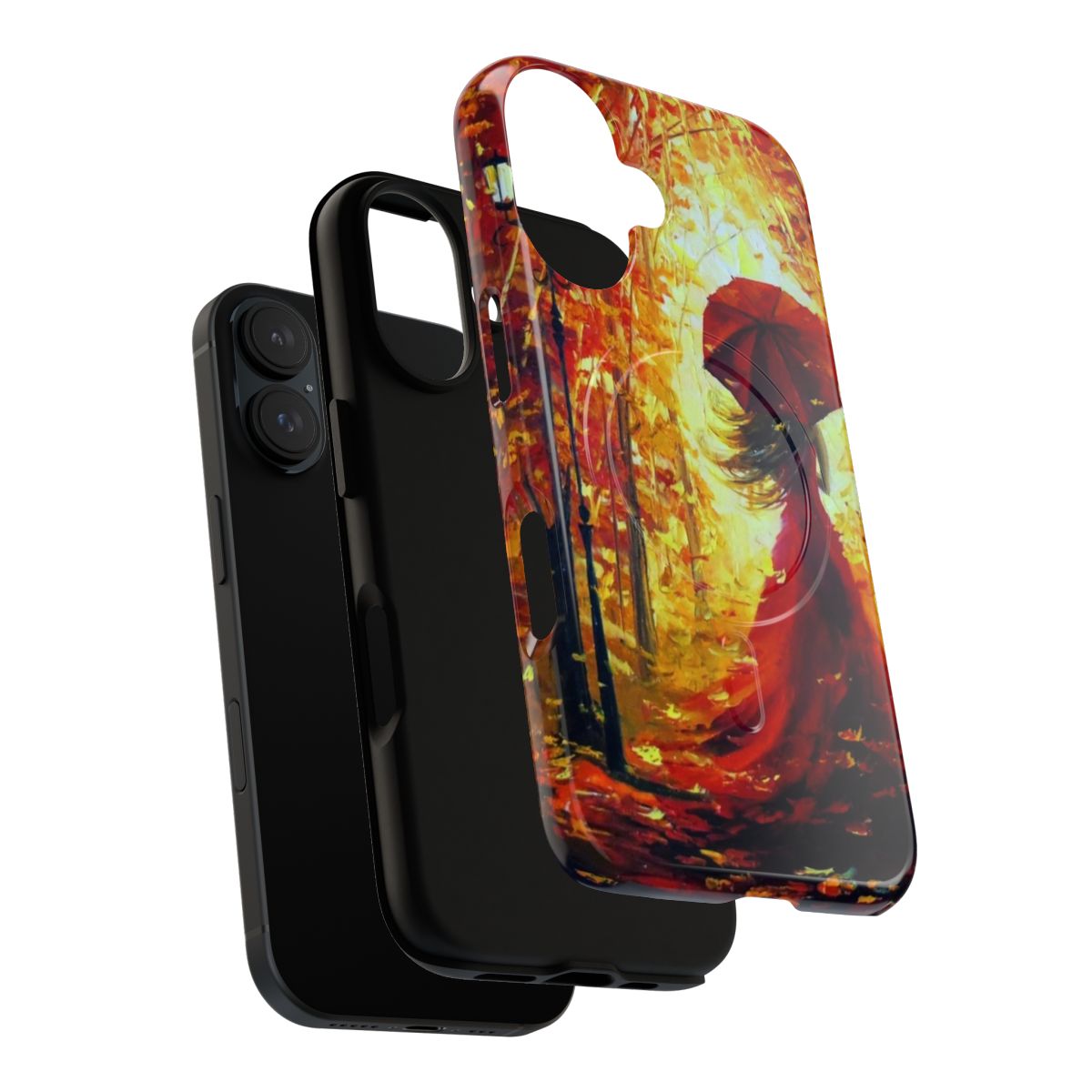 A tough phone case featuring an artistic autumn landscape with a girl in the forest. - Layers