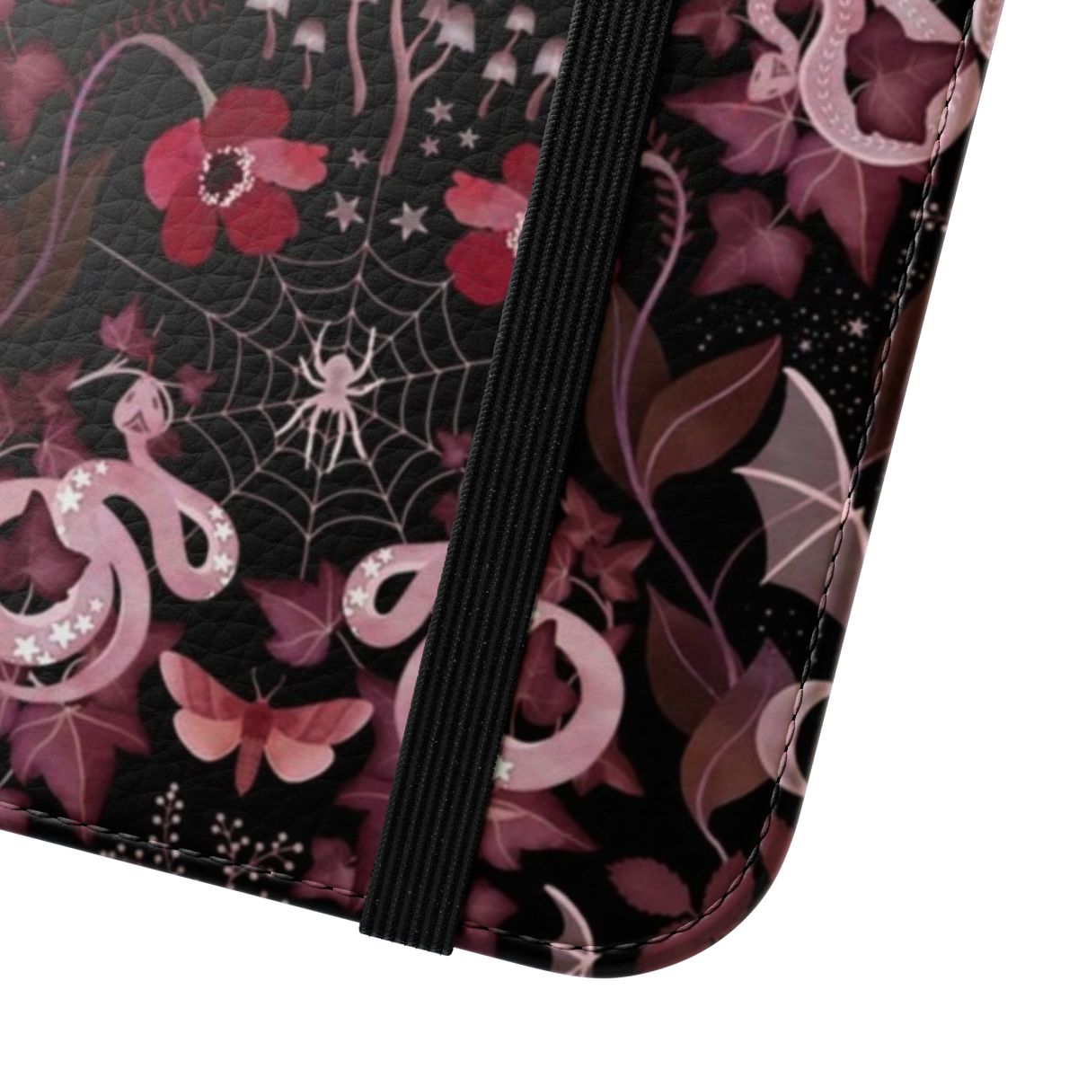 Moody gothic bat and snake damask pattern printed on a flip cover phone case - Close Up