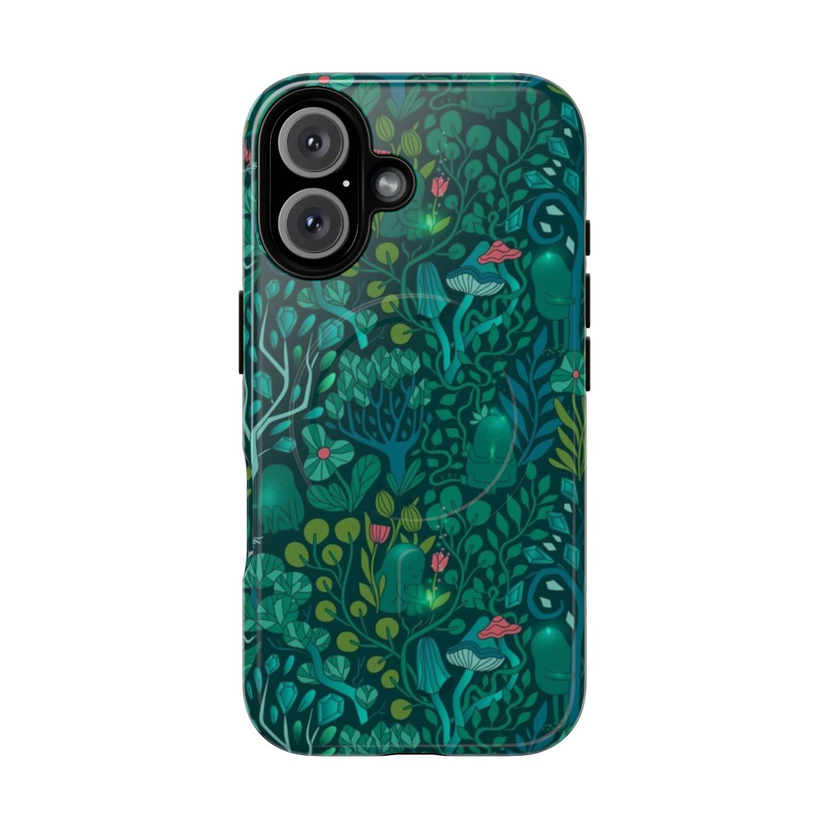 Magnetic tough phone case with a vibrant emerald forest design featuring fairy woodland creatures, plants, and mushrooms.