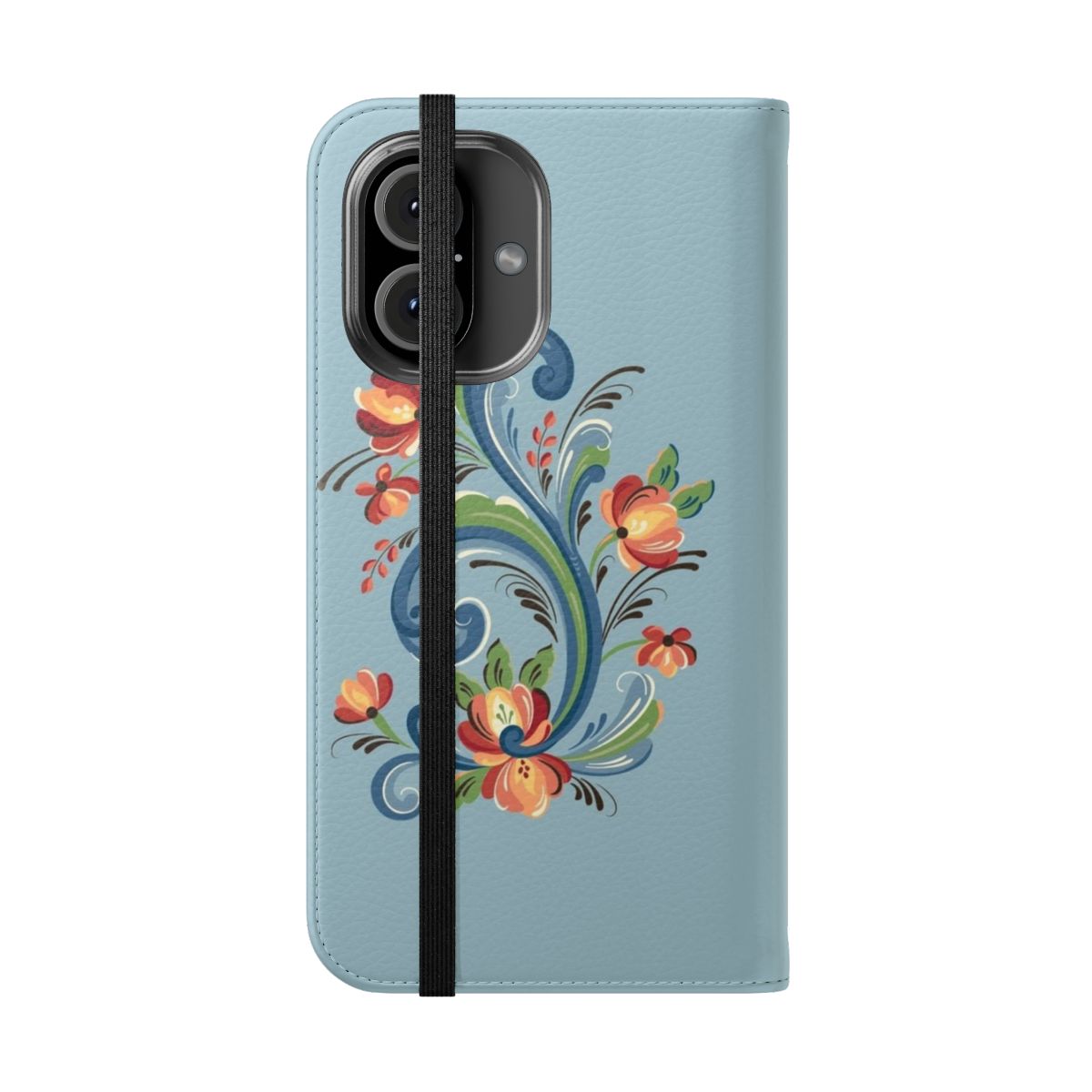 Handcrafted phone case featuring traditional Norwegian rosemaling folk art design - Folded Front