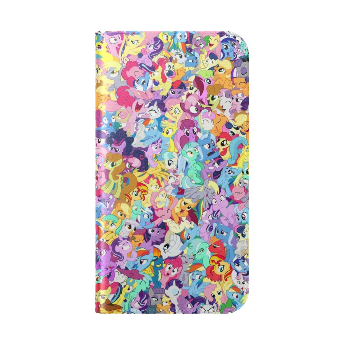 Flip cover phone case featuring a colorful, whimsical pony design. - Folded Back