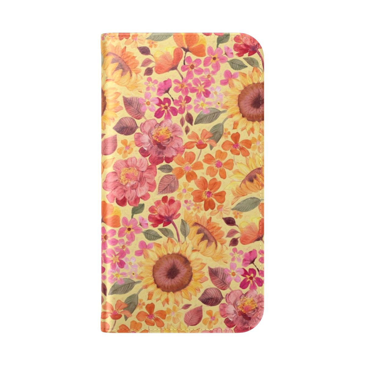 Retro 1960s style floral phone case with painted sunflowers and boho pattern - Folded Back