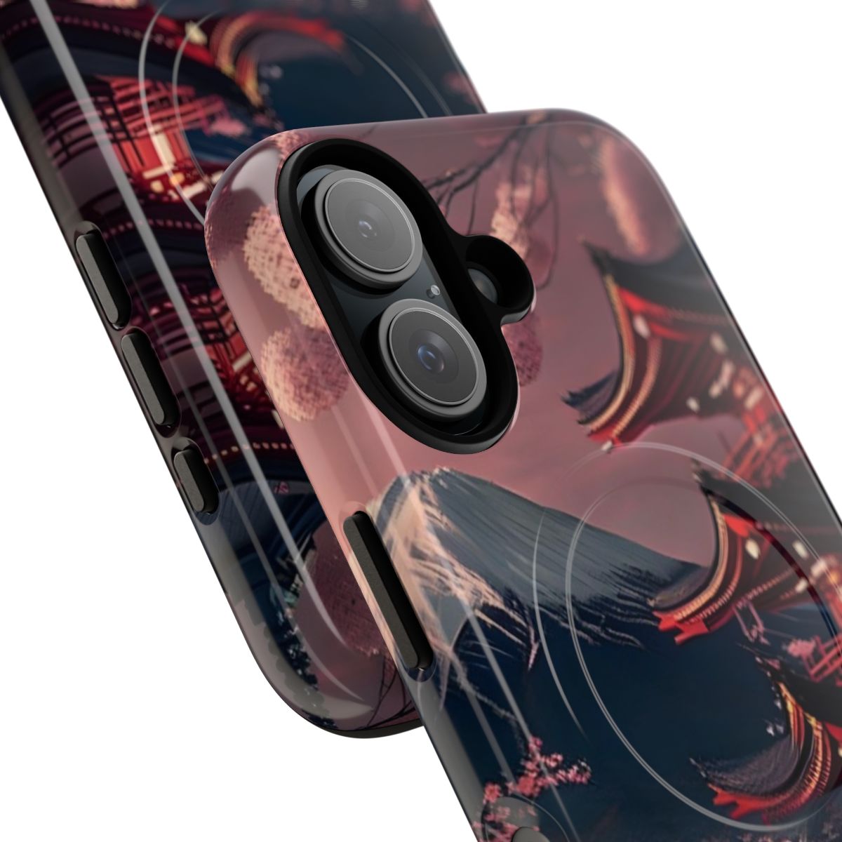 Artistic Japanese landscape mobile phone case featuring Mount Fuji and cherry blossoms - Detail