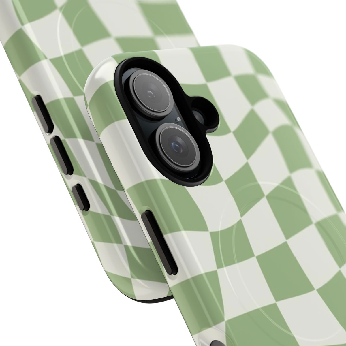 Sage green phone case with psychedelic checkered and wavy pattern - Detail