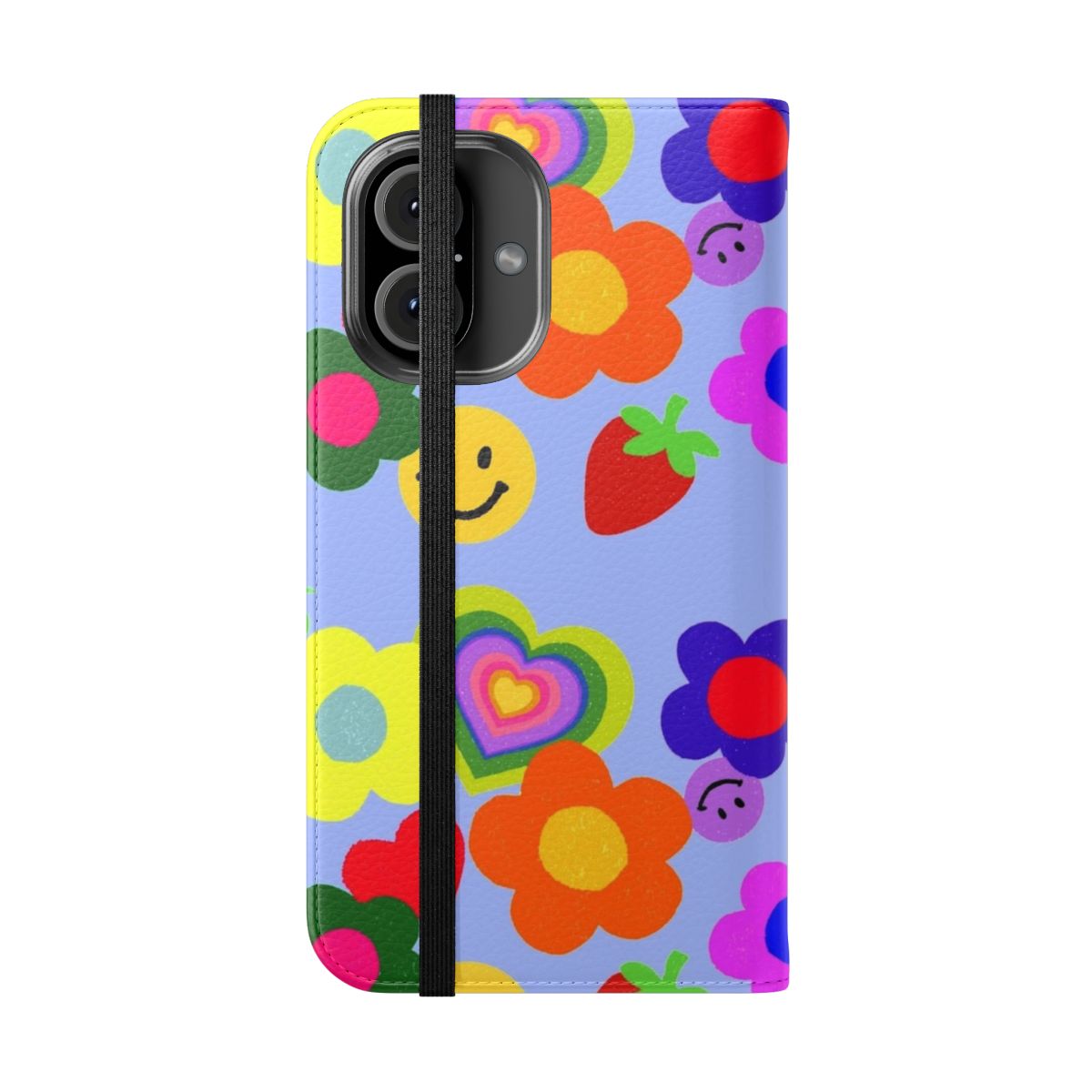 Vibrant floral and smiley print on a flip cover phone case in a fun, nostalgic kidcore style - Folded Front