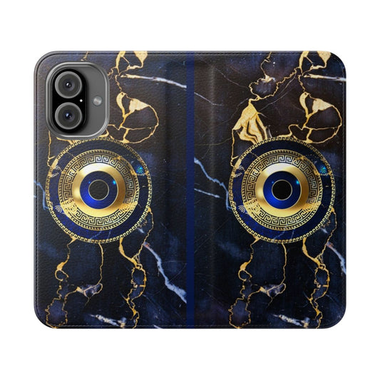 Navy blue and gold phone case with Greek key and evil eye patterns