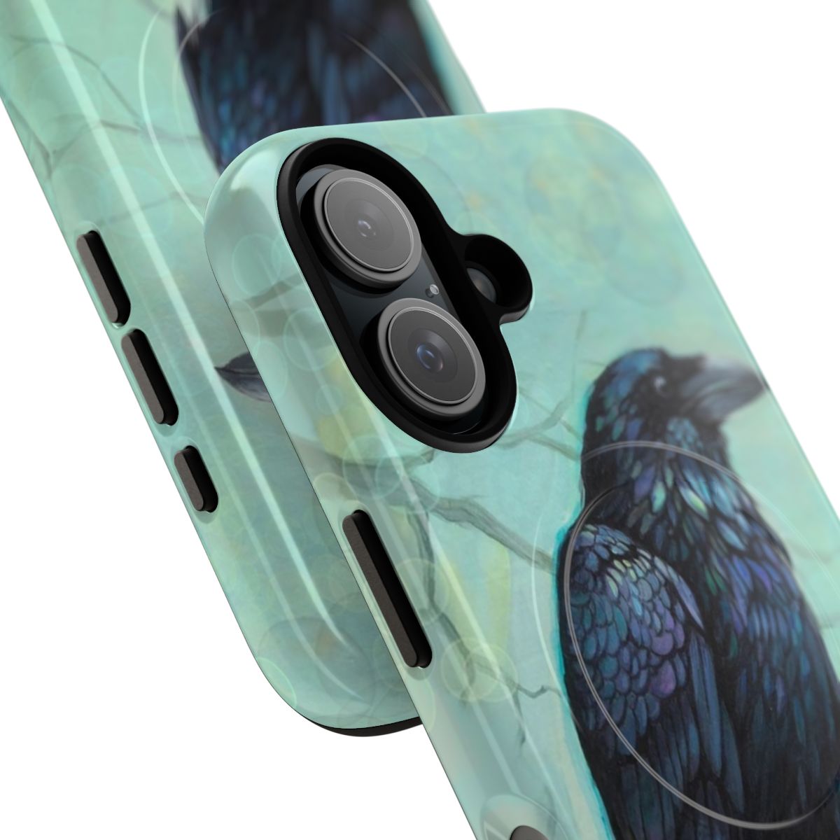 A stylish and protective phone case featuring a detailed illustration of a raven, a dark and mysterious bird. - Detail