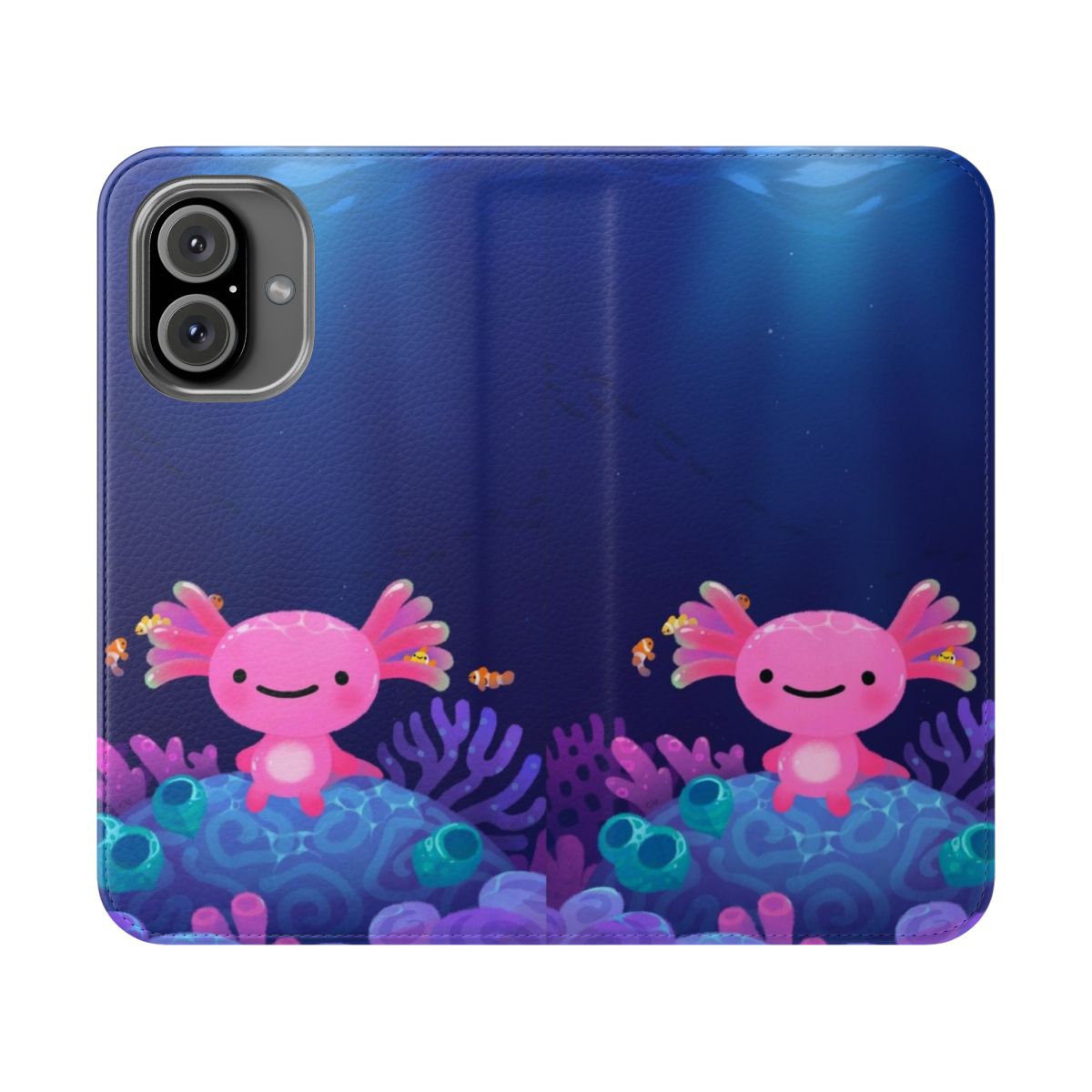 Coral axolotl themed flip cover phone case with a cute and kawaii design