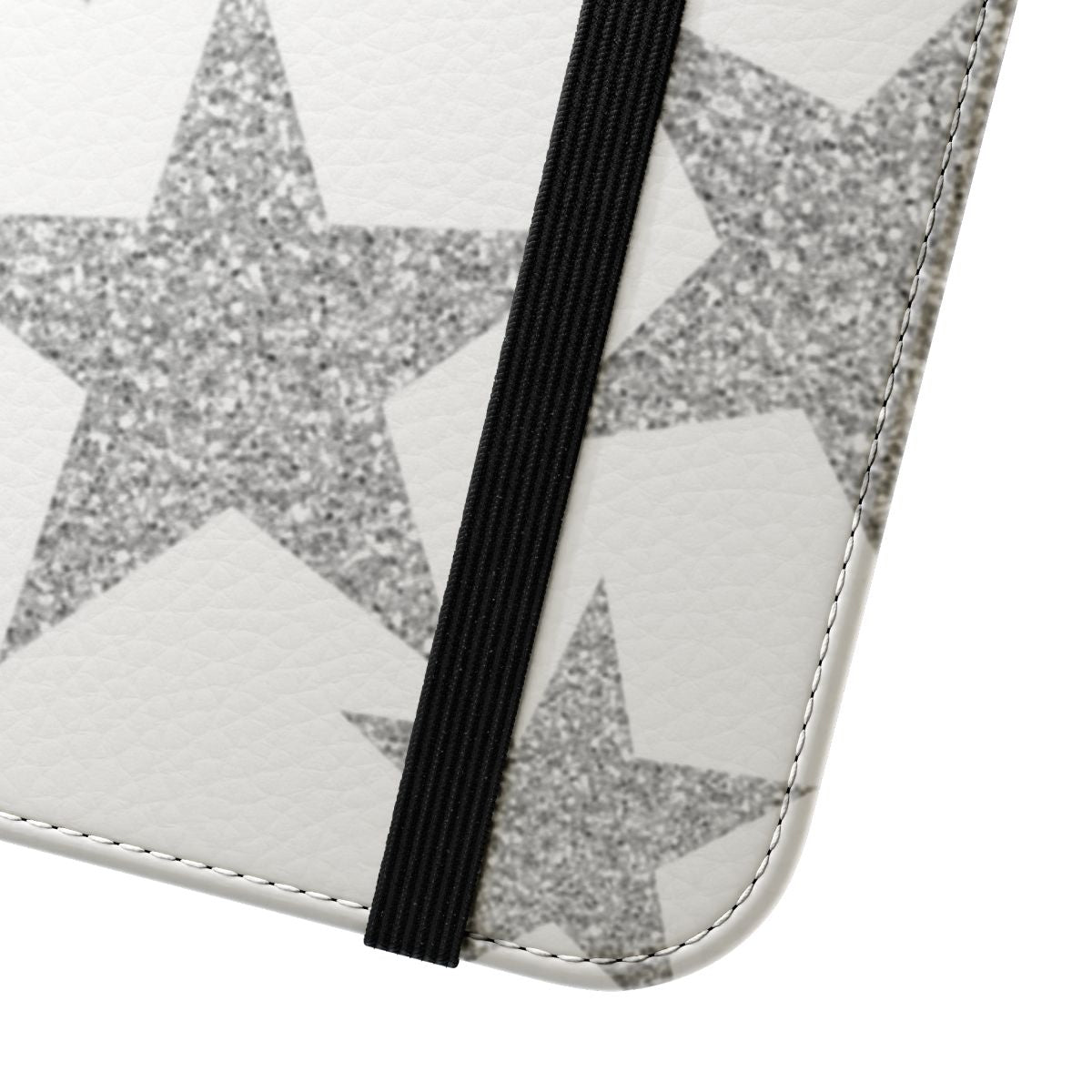 A silver glittery phone case featuring a design of sparkling stars - Close Up