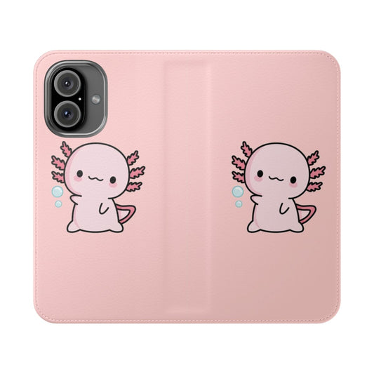 Cute hand-drawn illustration of a pink axolotl on a flip phone case