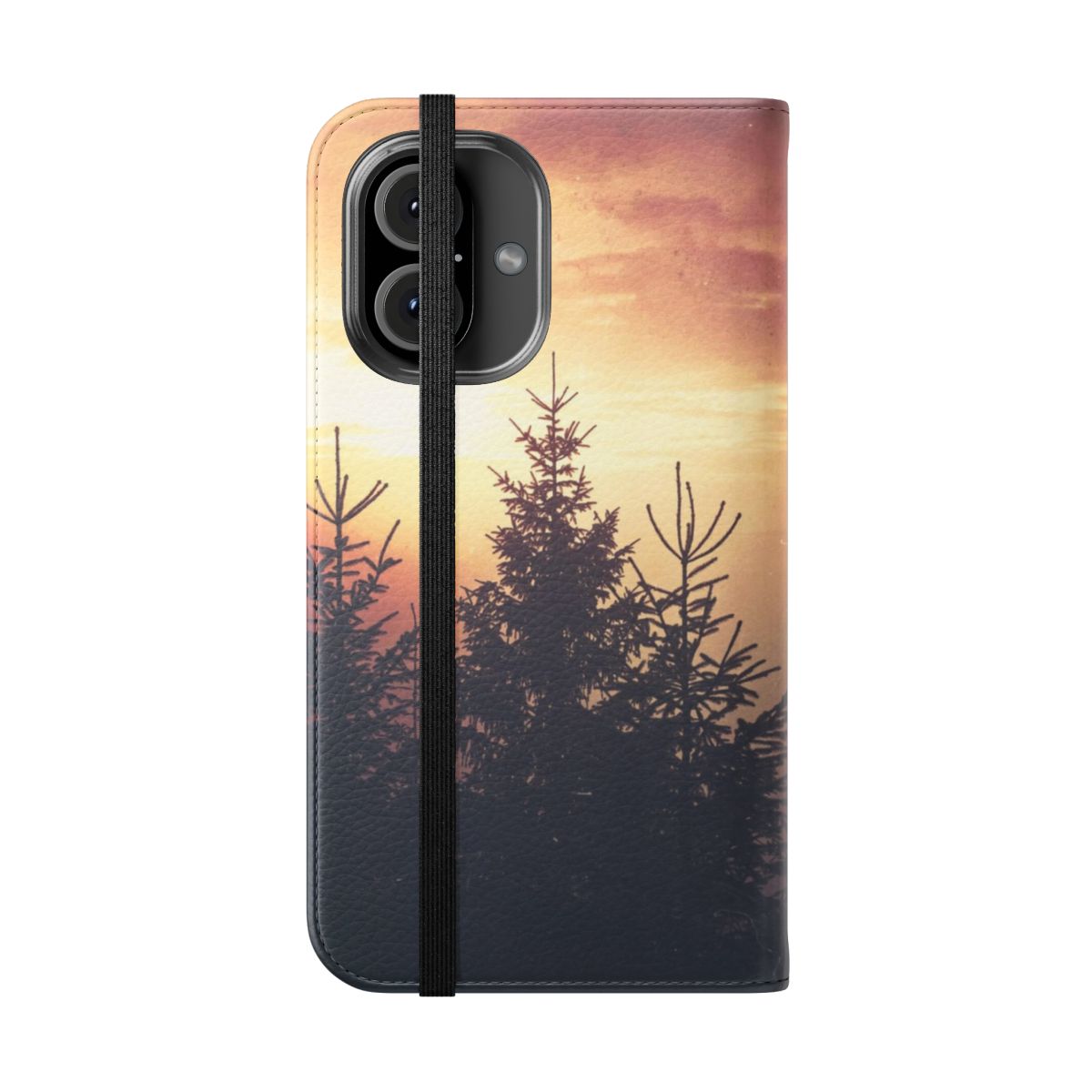 Flip cover phone case featuring a romantic forest scene with trees, sunset, and warm sunlight - Folded Front