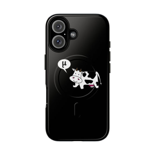 Magnetic tough phone case with cute black and white cow design and "Moo" text