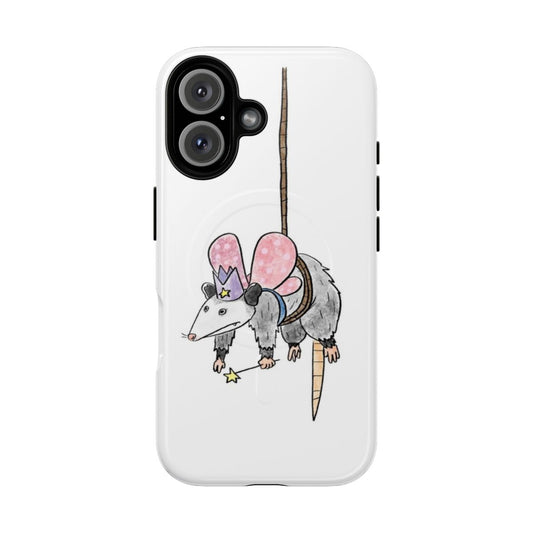 Whimsical opossum fairy cartoon design on durable magnetic phone case