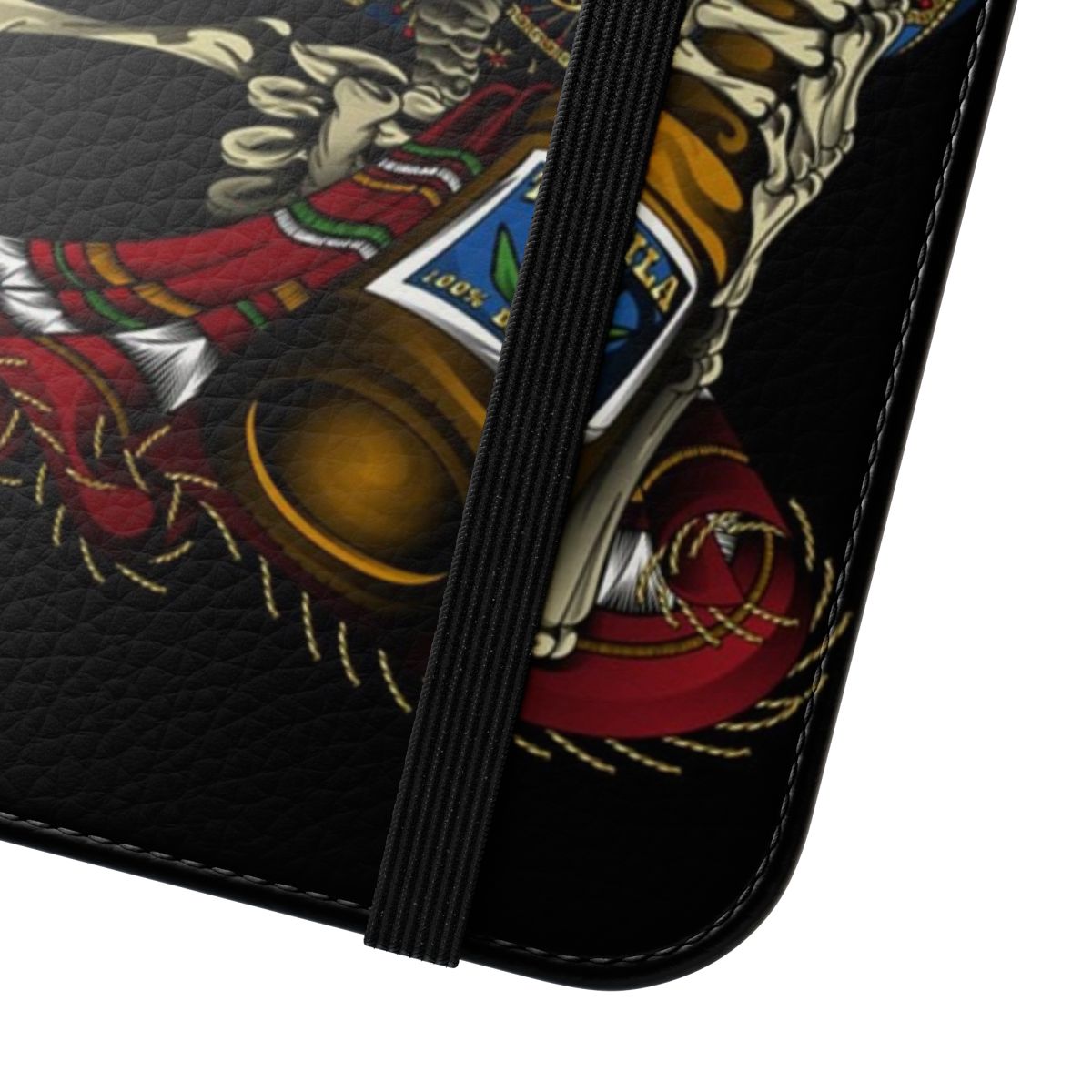 Vibrant flip phone case featuring an Aztec-inspired sugar skull design in traditional Mexican colors - Close Up