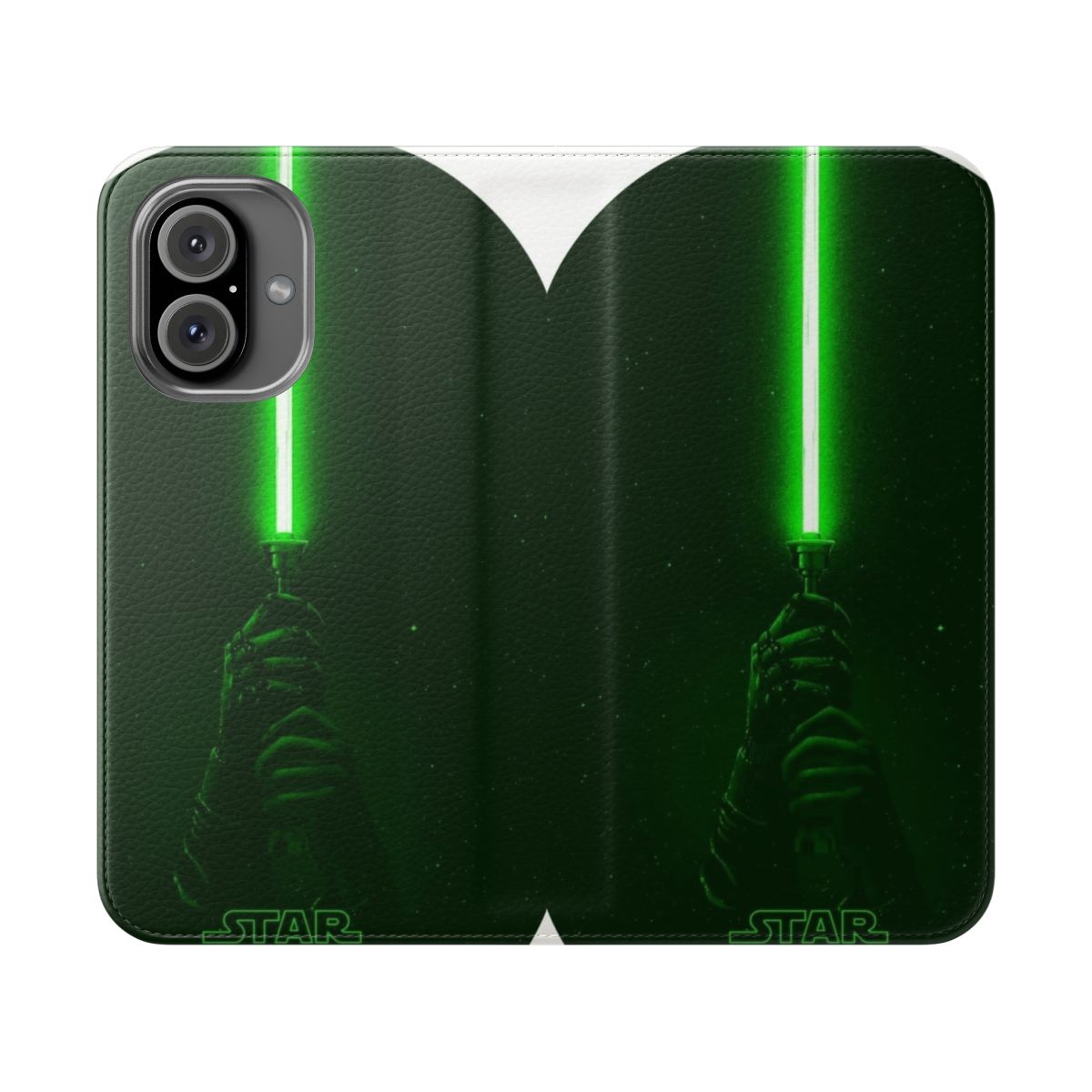 A sleek flip phone case with a green saber design, inspired by the Star Wars galaxy.