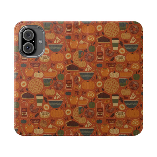 Pumpkin spice themed phone flip case with fall leaves and cinnamon accents