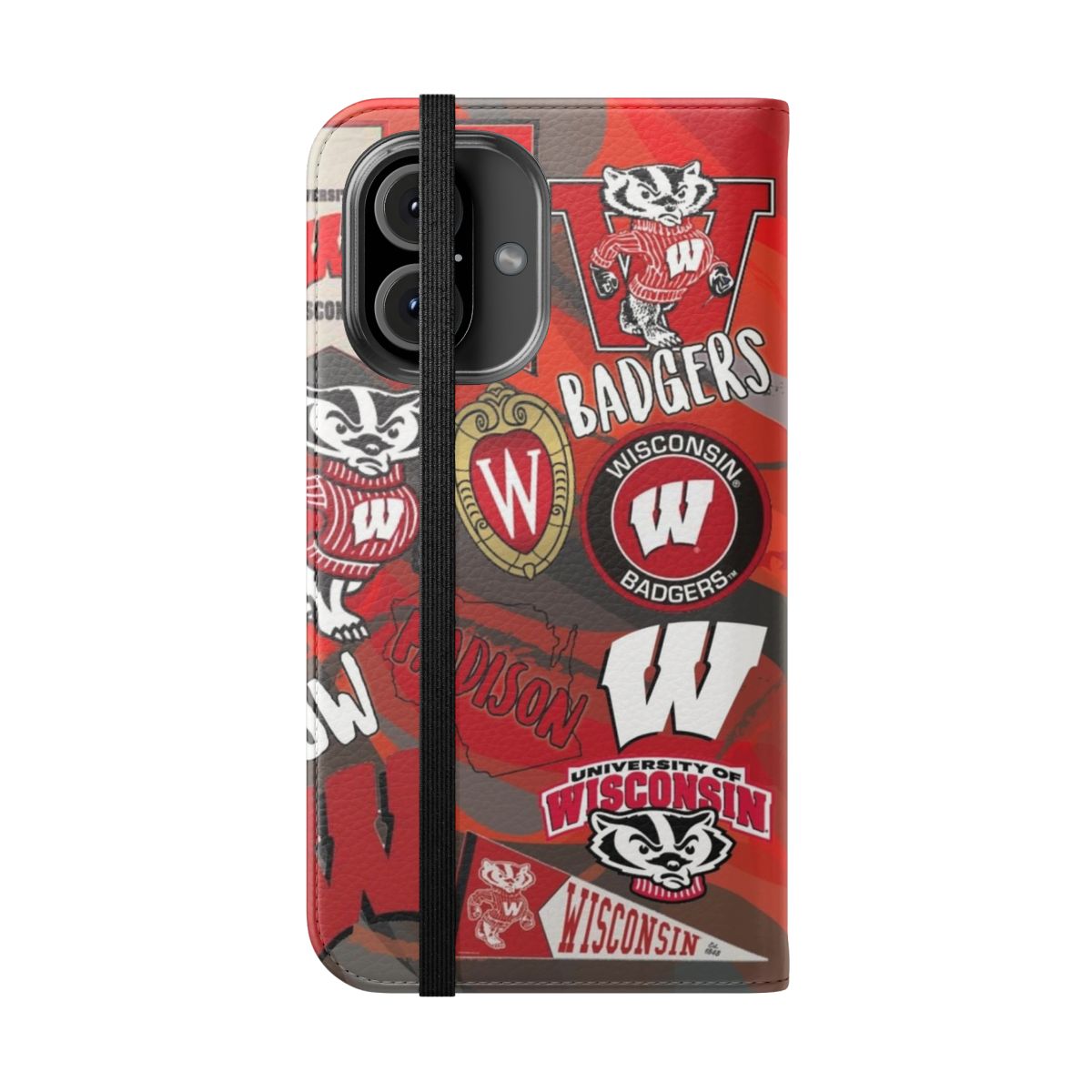 A phone case featuring the University of Wisconsin Madison Badgers logo and colors. - Folded Front