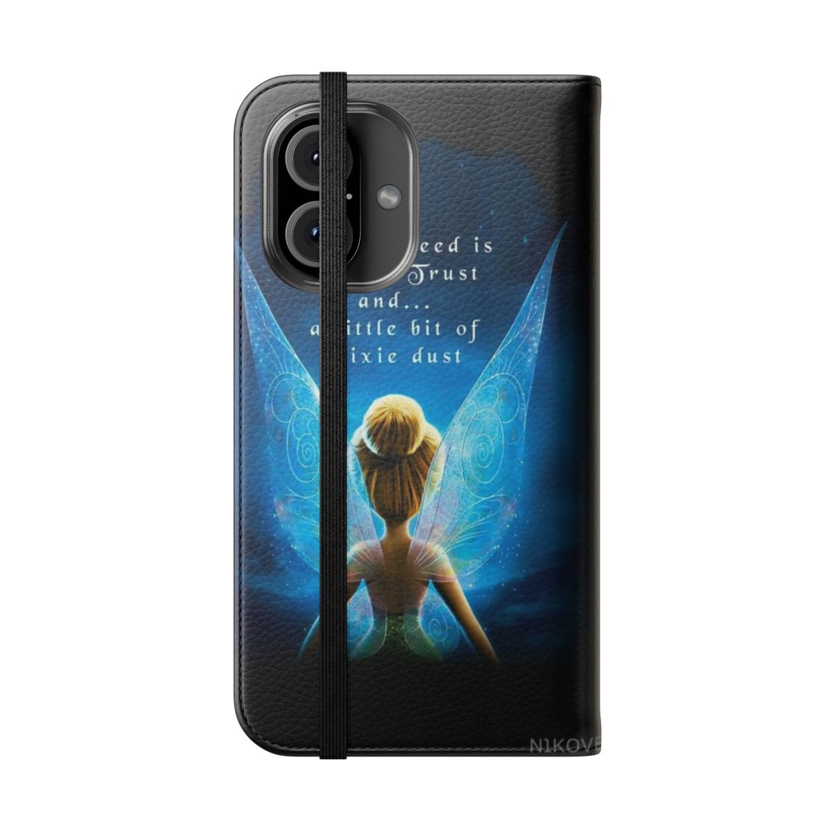 Tinkerbell-themed flip phone case featuring a faith-inspired quote - Folded Front