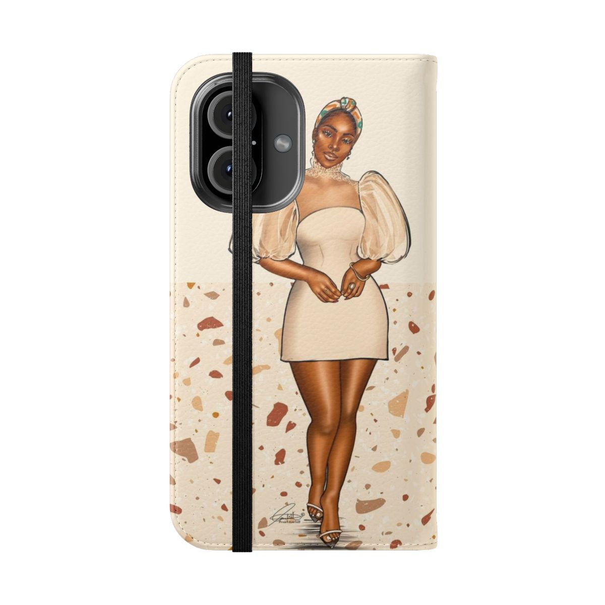 A trendy and stylish phone case featuring a vibrant illustration of a Black woman with melanin beauty. - Folded Front