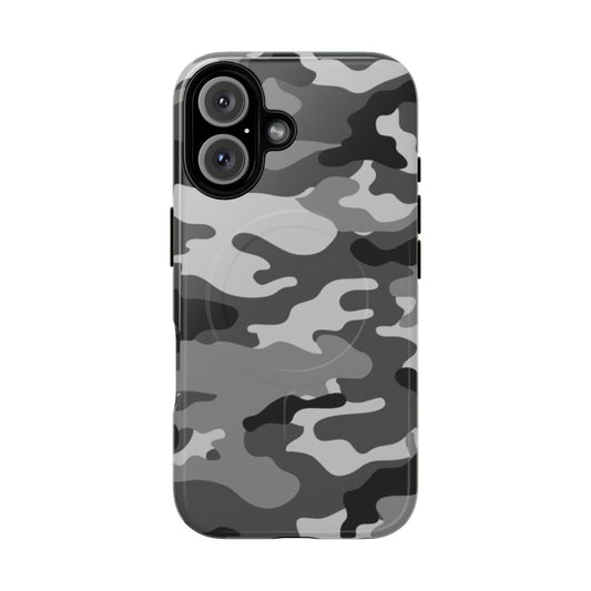 Gray camo patterned magnetic phone case with sleek, protective design