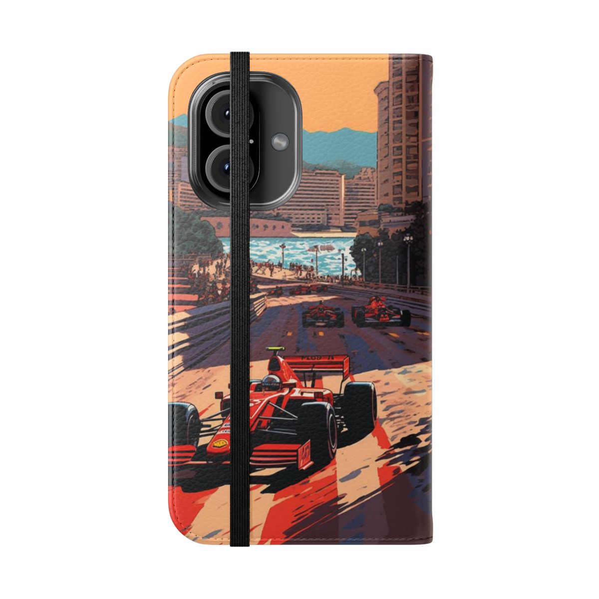 Vintage-style flip phone case featuring the iconic Monaco Grand Prix racing event - Folded Front