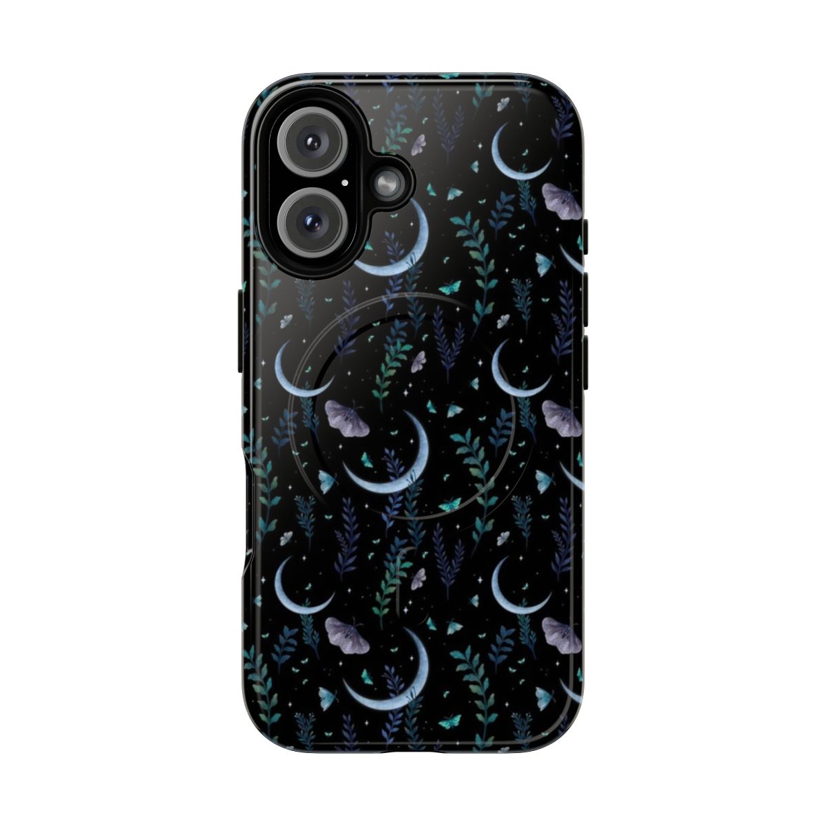 Detailed phone case design featuring a luna moth in a moonlit garden