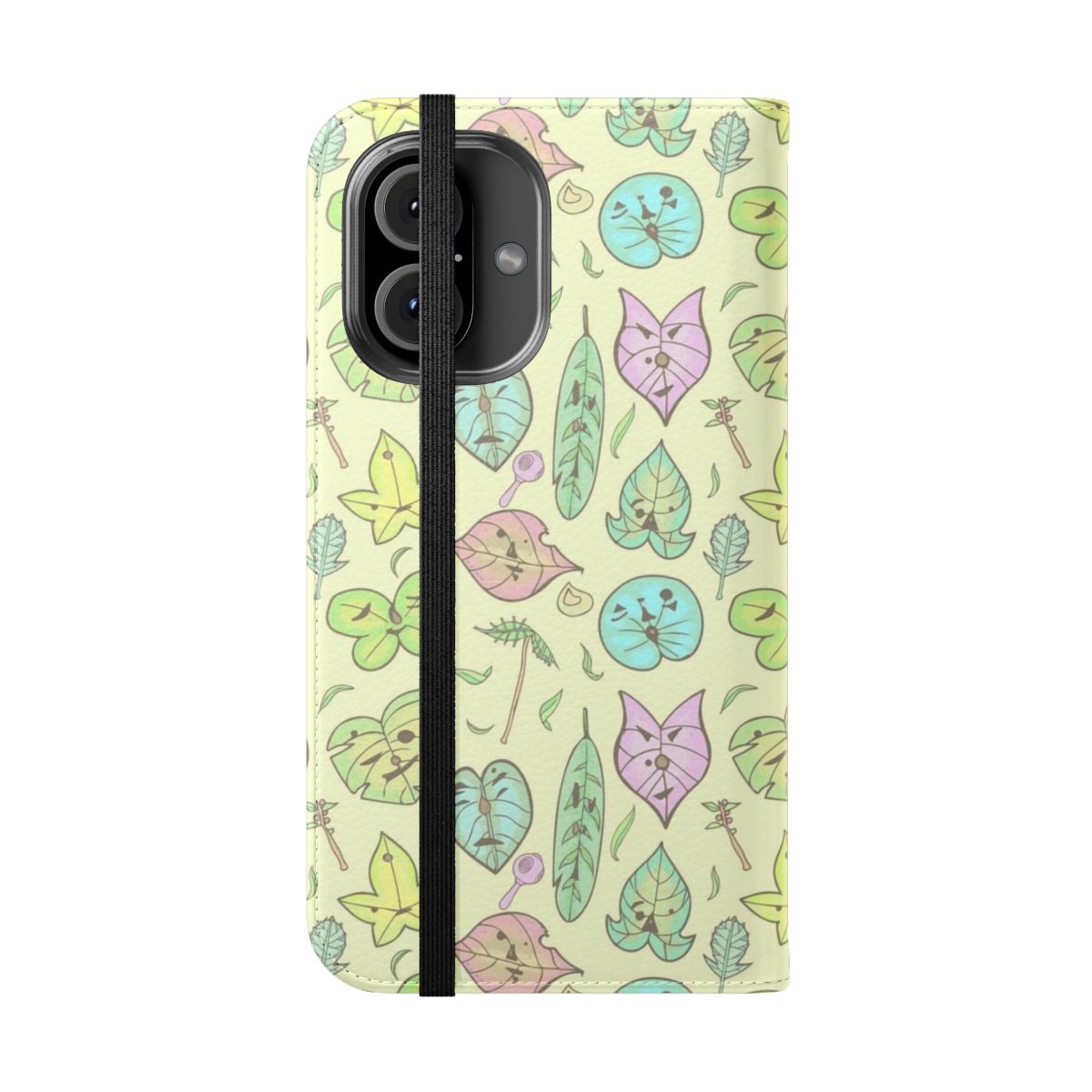 Pastel-colored flip cover phone case featuring Korok characters and designs inspired by The Legend of Zelda series - Folded Front