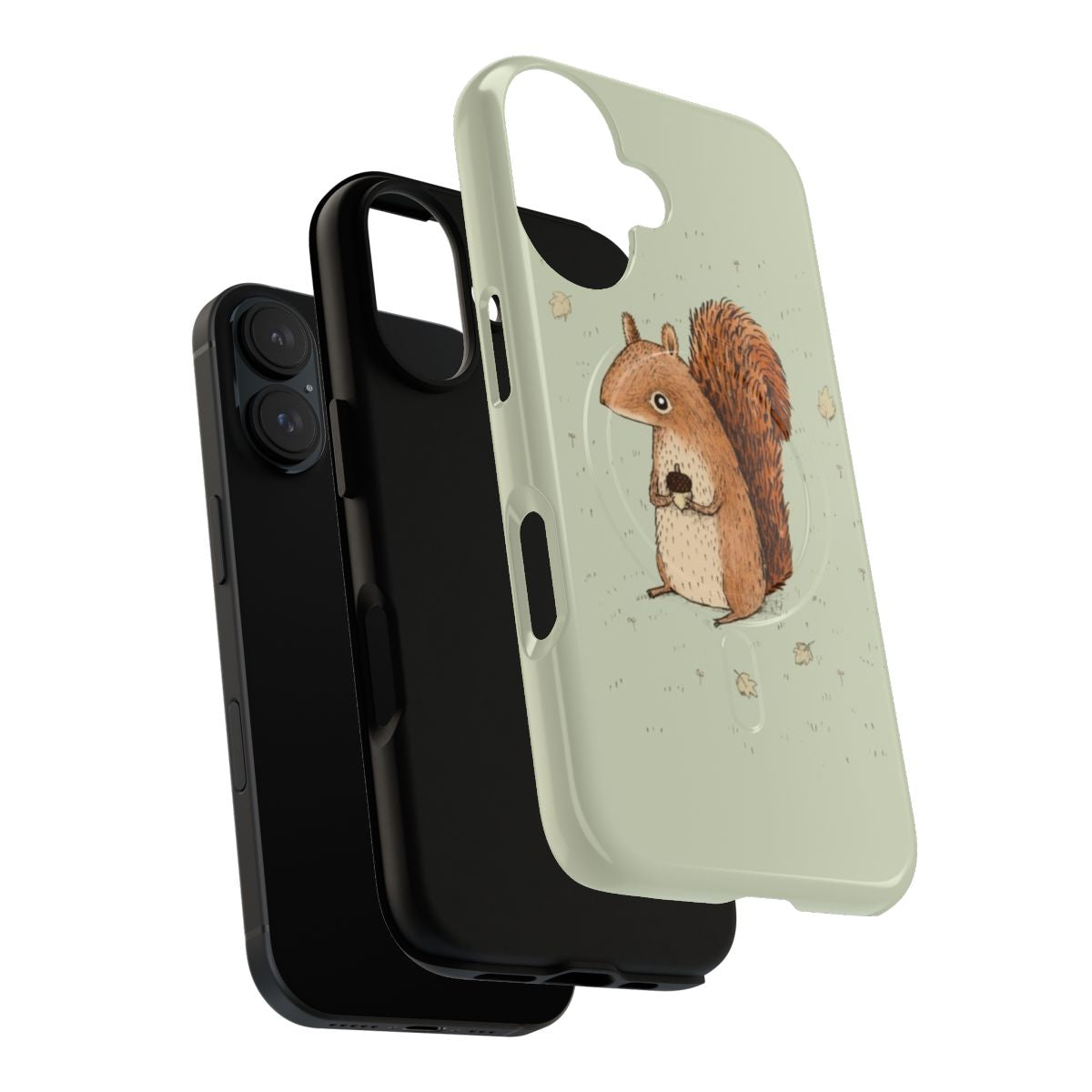 A red squirrel sitting on a tree branch surrounded by autumn leaves and acorns, featured on a magnetic phone case. - Layers