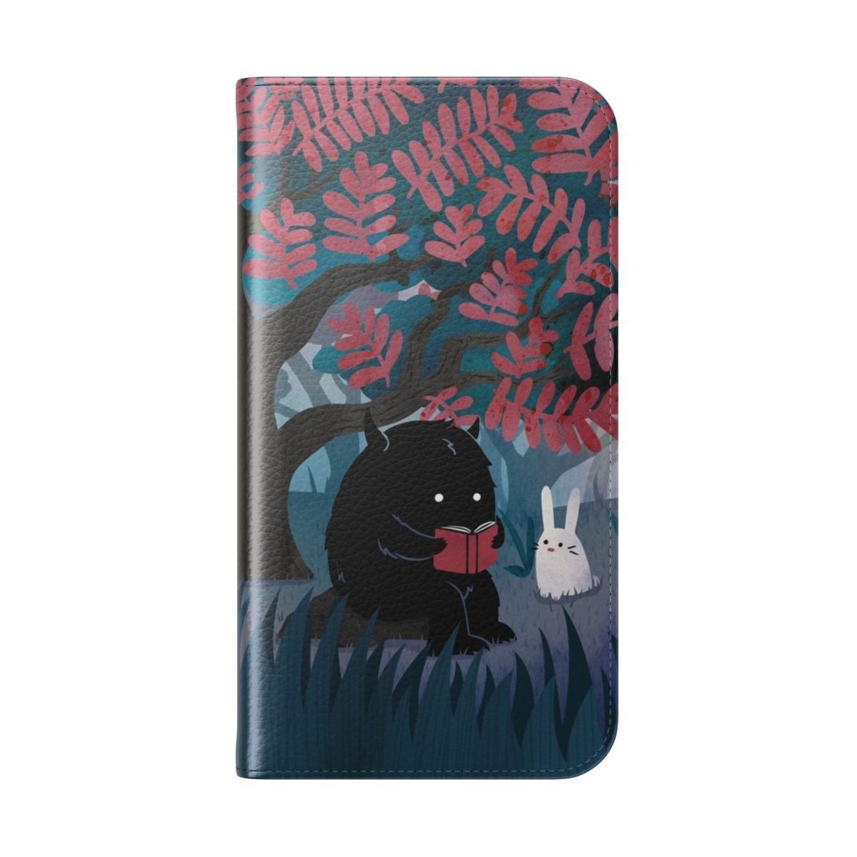 Flip cover phone case featuring a watercolor illustration of a quiet spot in the forest with a bunny and monster. - Folded Back