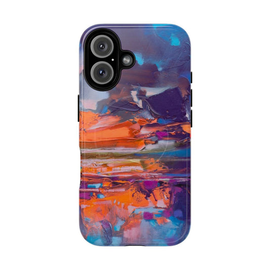 Colourful phone case featuring a vibrant, abstract Scottish landscape design