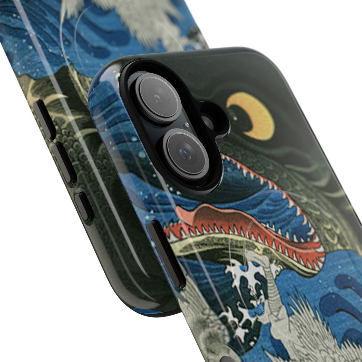 Magnetic tough phone case featuring the ukiyo-e print of Emperor Sanuki-no-in sending tengus to rescue Tametomo, created by Utagawa Kuniyoshi. - Detail