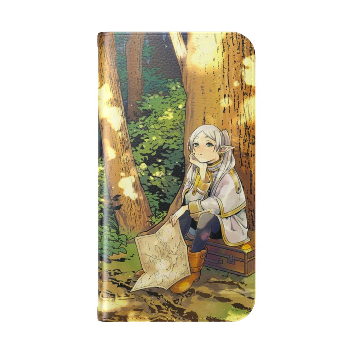 Sousou no Frieren inspired flip phone case with characters Fern, Stark, Himmel, and Eisen - Folded Back