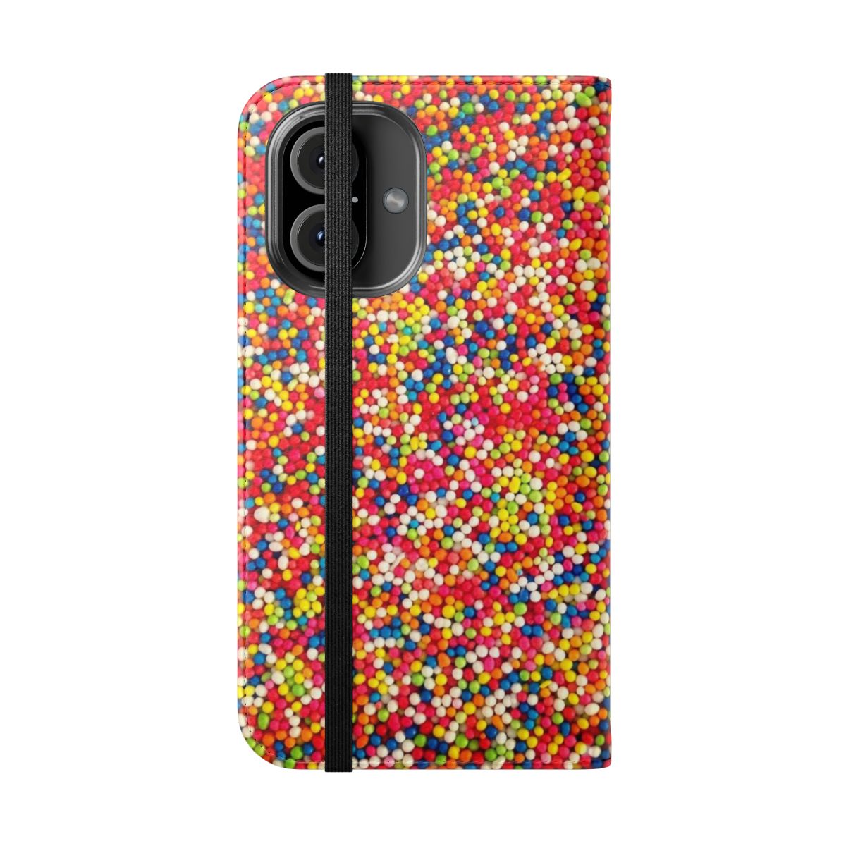 Vibrant phone case with sprinkles and colorful patterns, perfect for dessert enthusiasts. - Folded Front