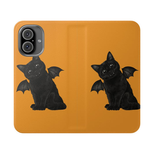 A spooky, dark flip phone case featuring a vampire cat design for cat lovers.