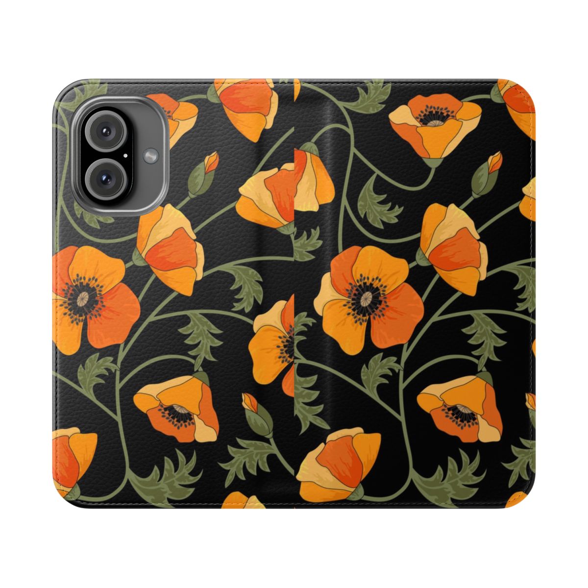 Stylish phone case featuring a vibrant floral pattern of yellow California poppies against a black background.