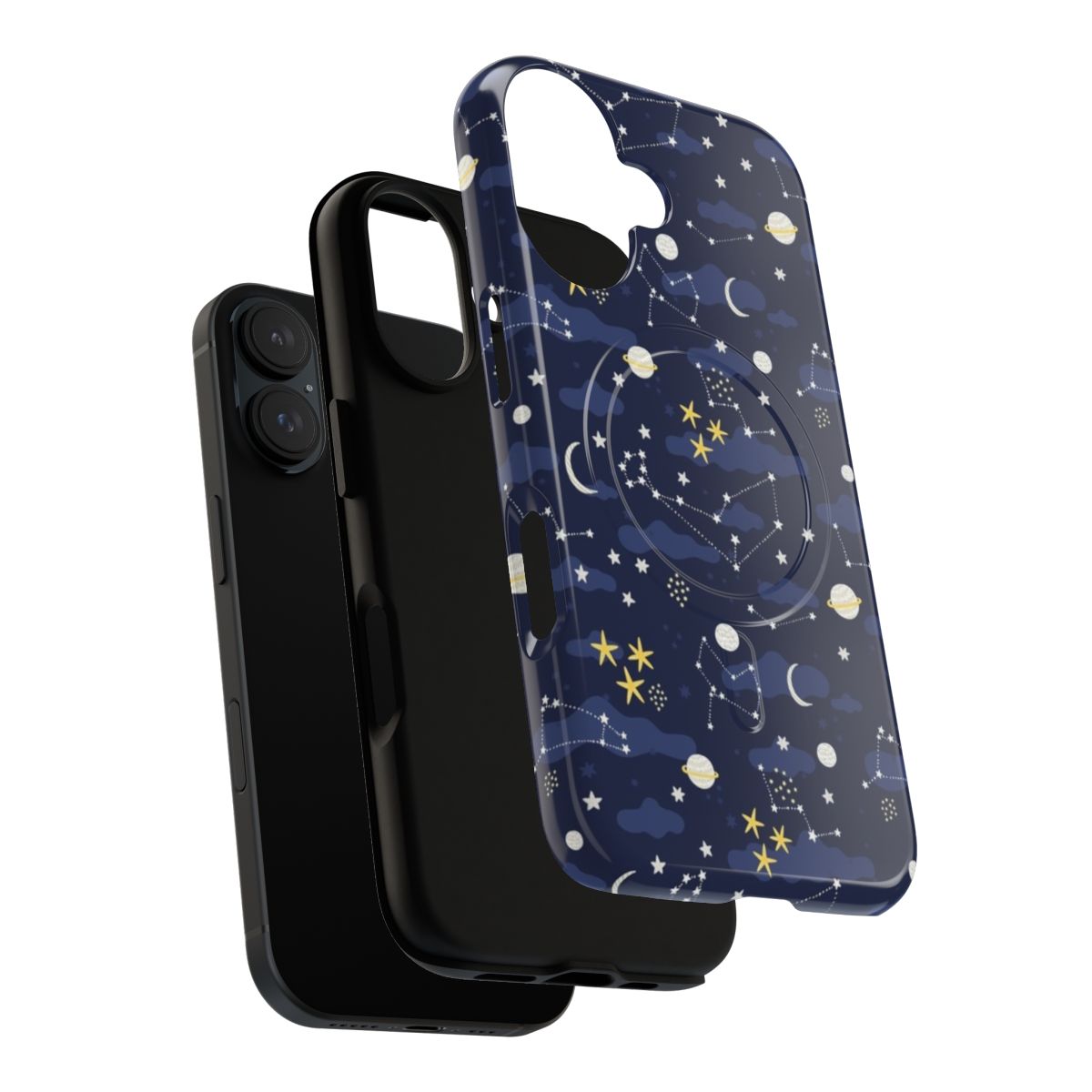 A phone case featuring a cosmic galaxy design with a cartoon-style universe, moon, and stars. - Layers