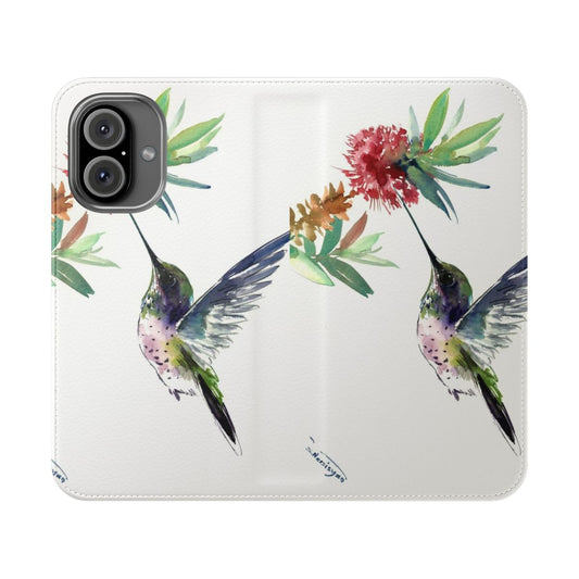 Colorful phone case featuring a detailed hummingbird and floral design