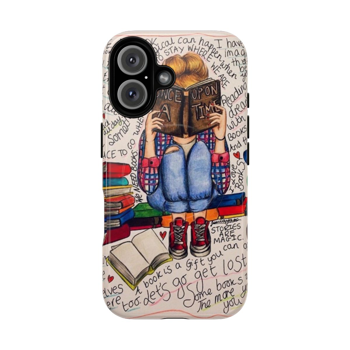 Magnetic tough phone case featuring the quote "Reading is Dreaming with Open Eyes" and a cartoon illustration.