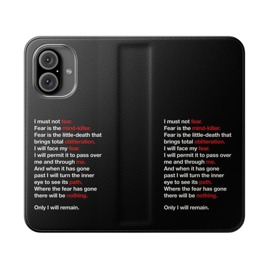 A stylish flip cover phone case featuring the "Litany Against Fear" quote from the Dune science fiction series.