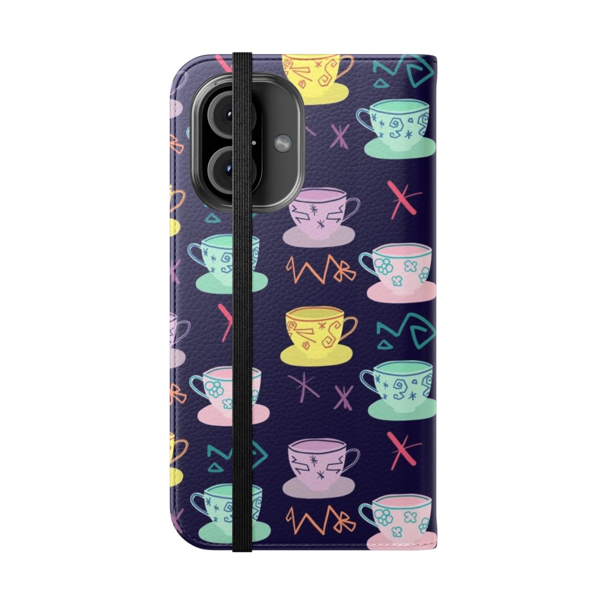 Vibrant flip phone case featuring an Alice in Wonderland-inspired mad tea party design. - Folded Front