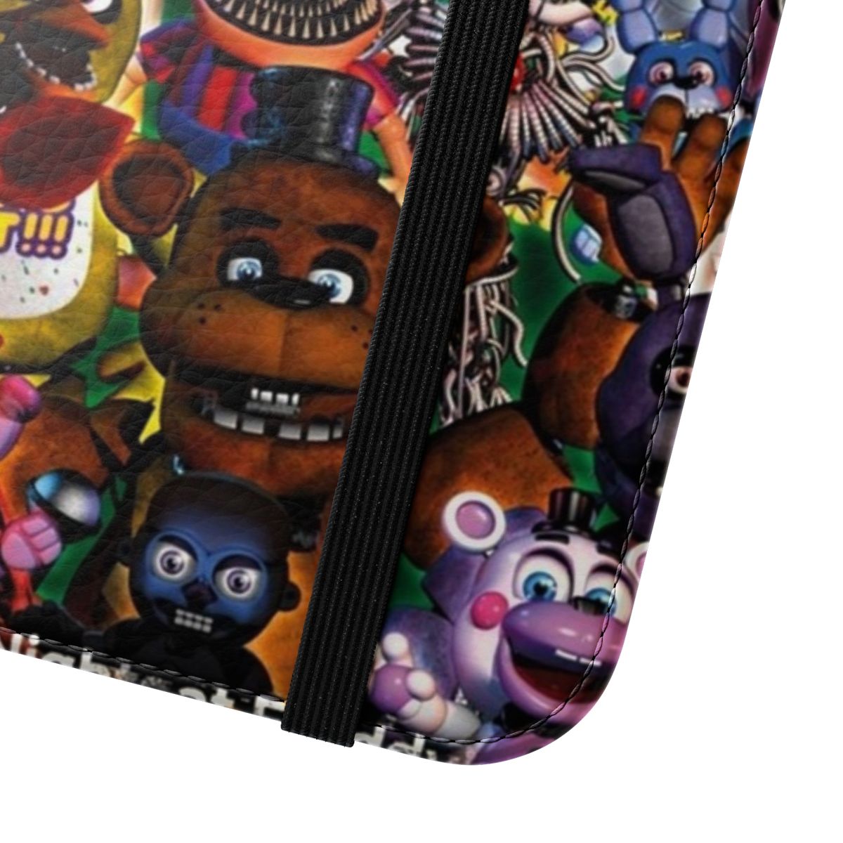 A stylish flip cover phone case with a five nights at freddys horror-themed design, featuring the iconic animatronic characters. - Close Up