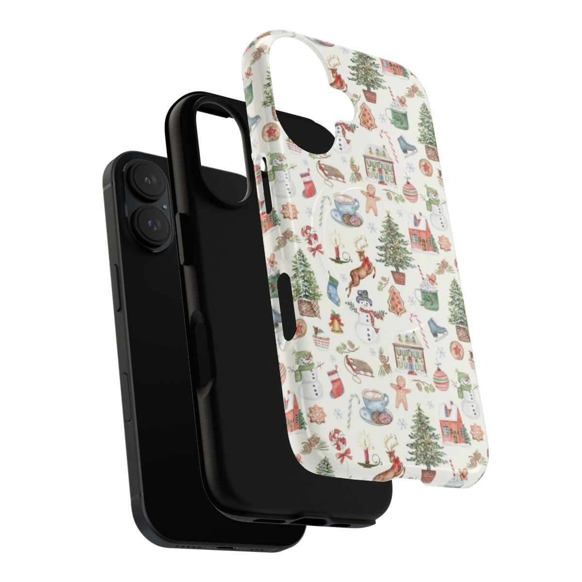 Festive holiday-themed phone case with designs like bells, trees, and winter accessories - Layers