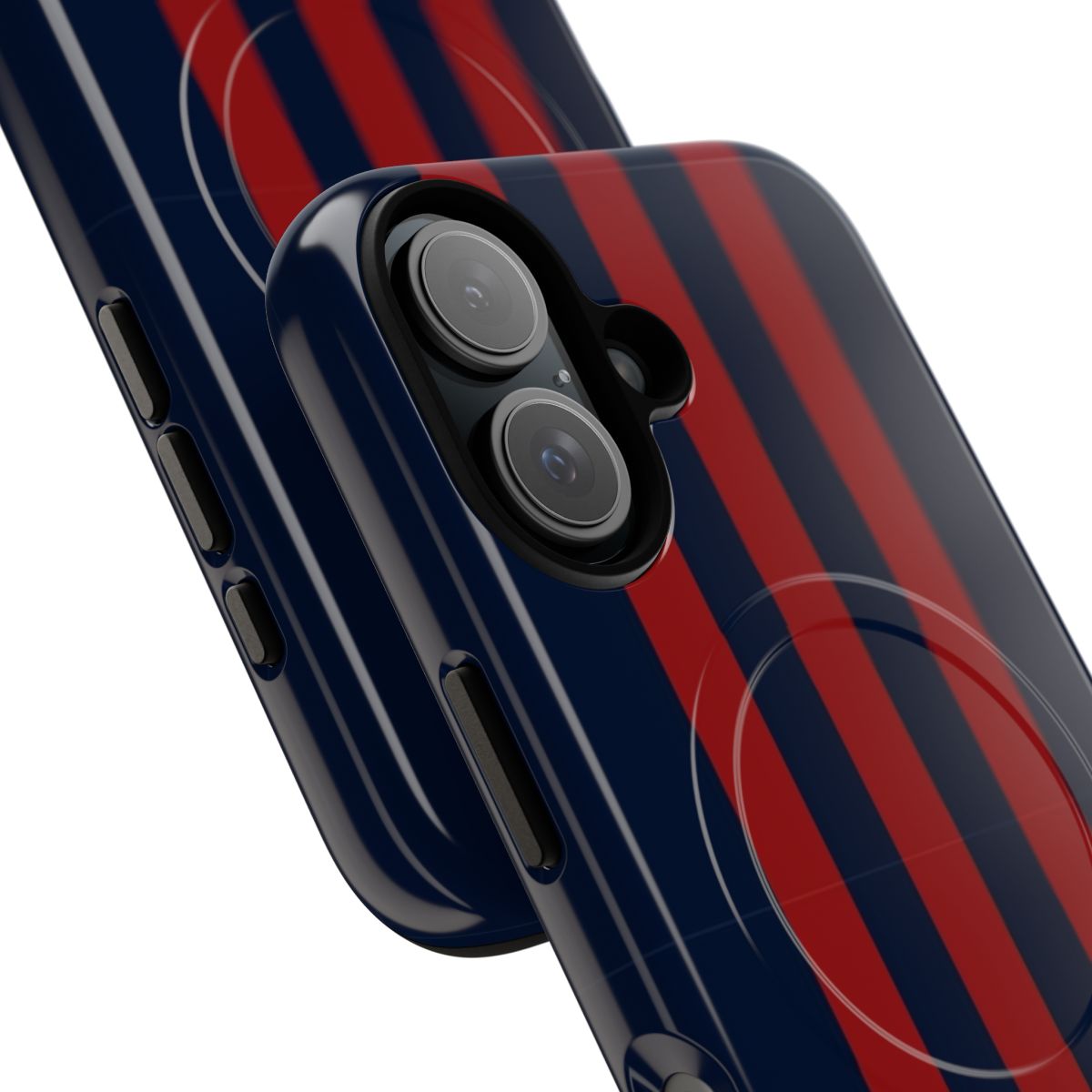 Navy blue phone case with bold crimson red vertical stripes - Detail